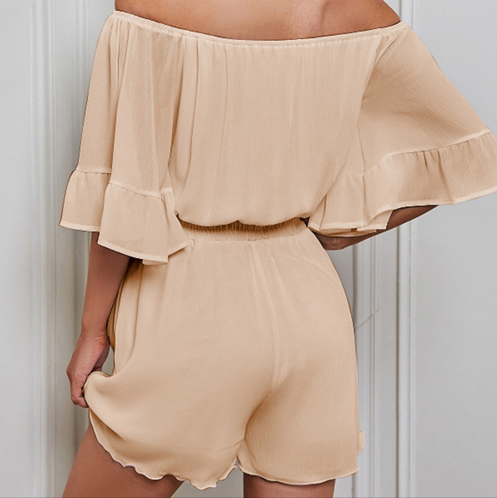 Sand Off-Shoulder Flounce Sleeve Romper - Picture 3 of 5